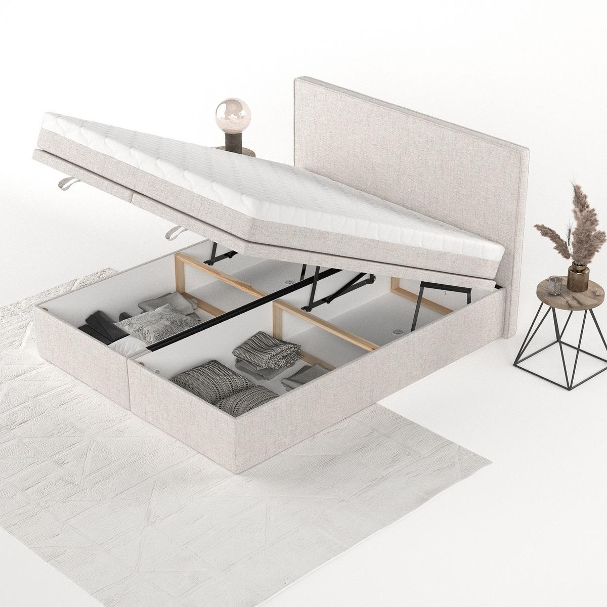 BOXBETT Zalla 180/200 cm Hellbeige im Neve Stoff - Sandfarben/Schwarz, Holz/Holzwerkstoff (180/200cm) - AltaBeds