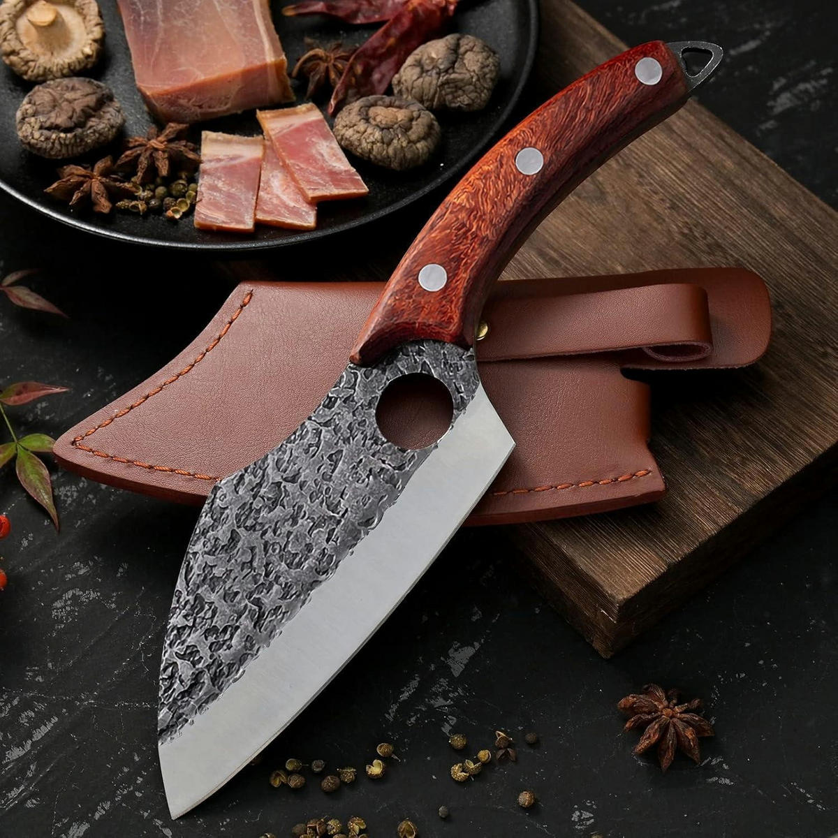 KÜCHENMESSER Universalmesser mit Holzgriff und Lederscheide - Silberfarben, Metall (27.4cm)