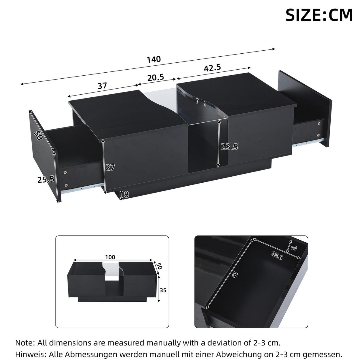 COUCHTISCH 100/50/35 cm mit LED-Beleuchtung, 2 Schubladen und Acrylplatte aus MDF, Schwarz - Schwarz, Holzwerkstoff (100/50/35cm) - Redom