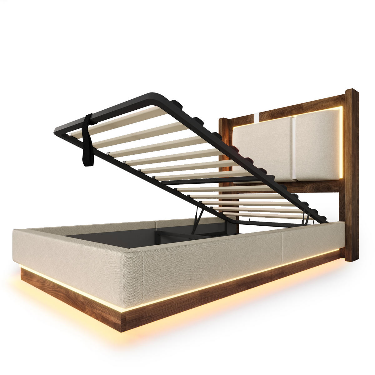 POLSTERBETT 90/200 cm Weiß mit LED und Bettkasten, ohne Matratze - Beige, Textil (90/200cm) - Oxeza