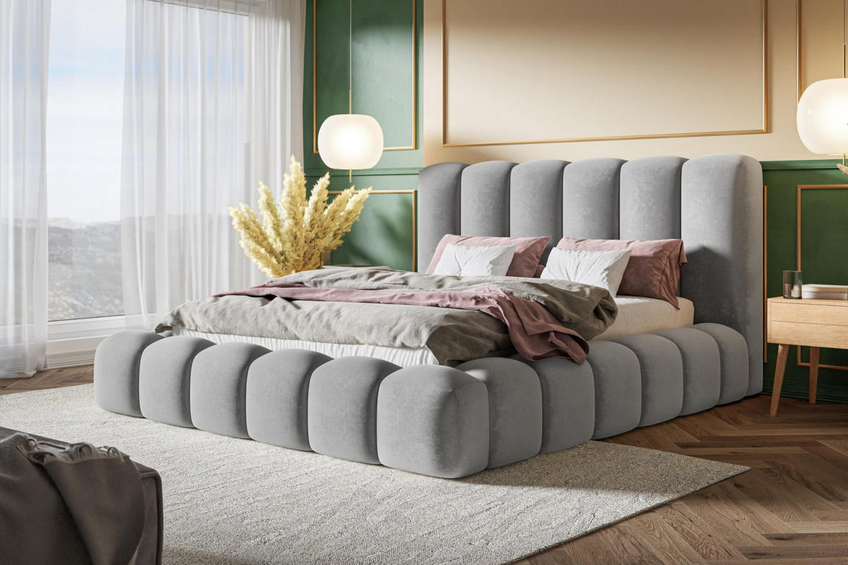 BETT 120x200 - Polsterbett mit Bettkasten und Metallrahmen - Modern Bett - Eleganter Jasmine-Stoff - Kollektion Nora Maxi - Grau - Grau, Holz/Textil (120/200cm) - Alpi-Möbel