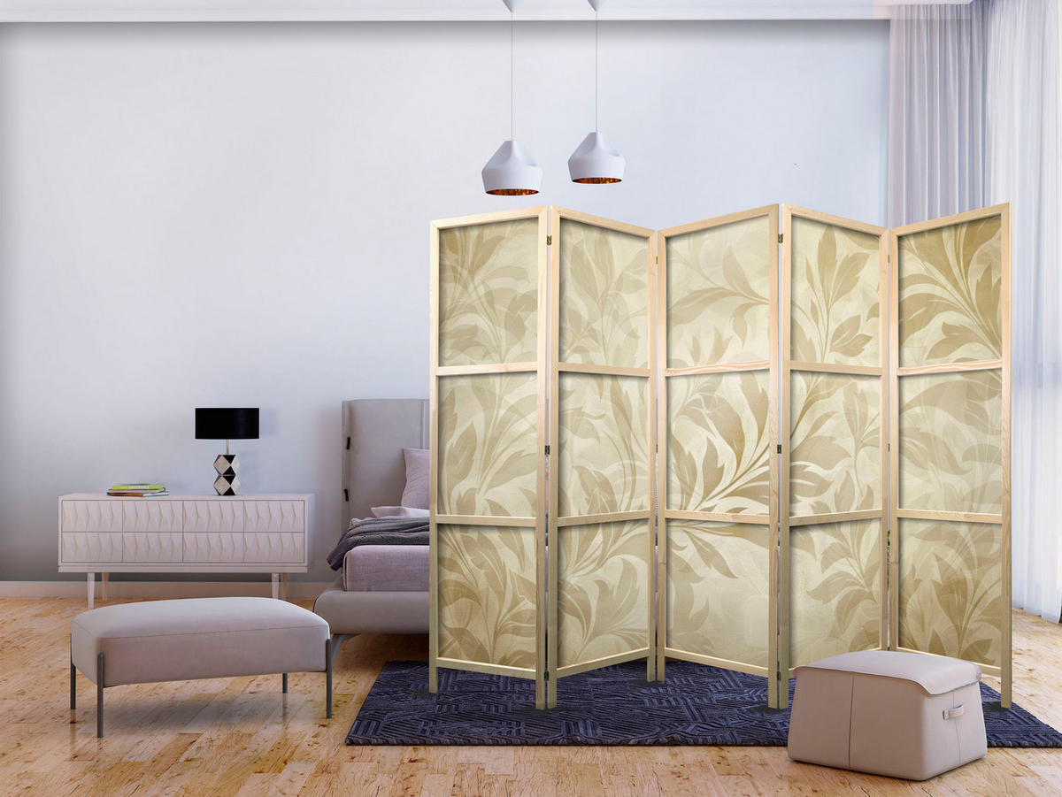 PARAVENT Japanischer 5-tlg 225x172 cm Retro Bl tter - Beige, Holz/Textil (225/172/3cm) - Muralo