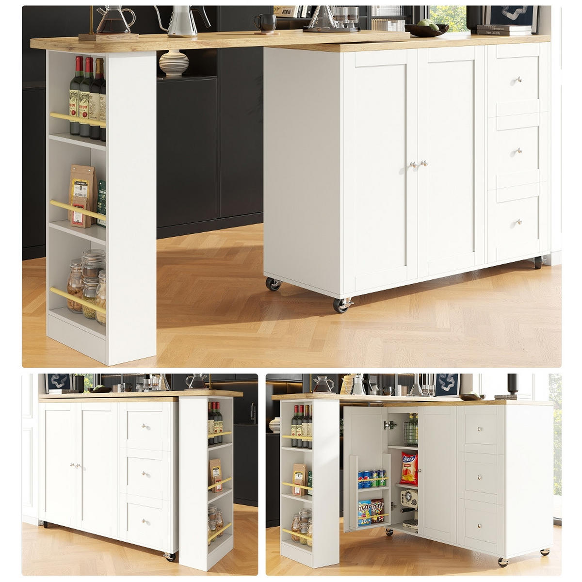 KÜCHENINSEL Stehtisch DREHBAR, Kücheninsel mit Rollen, 3 Schubladen, MDF Weiß, Küche und Wohnzimmer, 203/39/104 cm - Weiß, Kunststoff (39/106/203cm) - Rolipo
