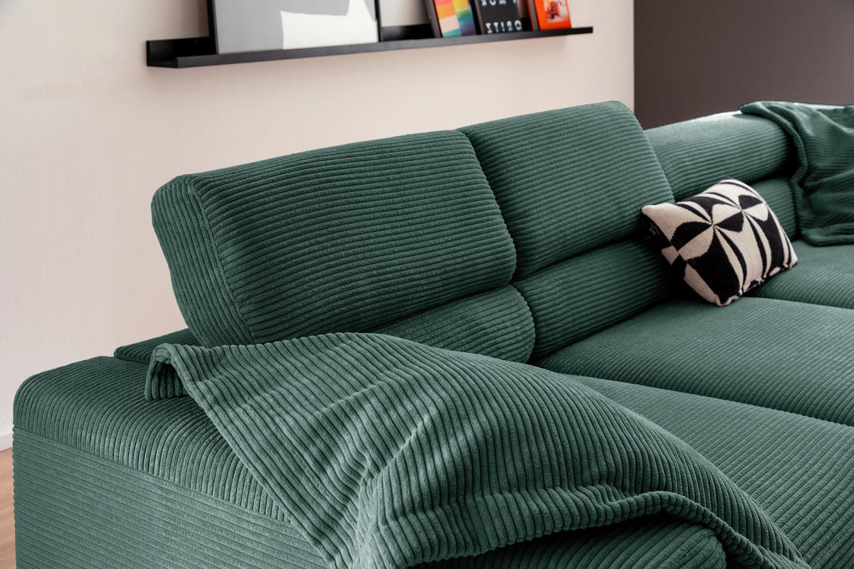 ECKSOFA MIT MOTORISCHEM SITZVORZUG DELIA Smaragdgrün Cord - Smaragdgrün/Schwarz, Textil/Metall (312/219cm) - KAWOLA