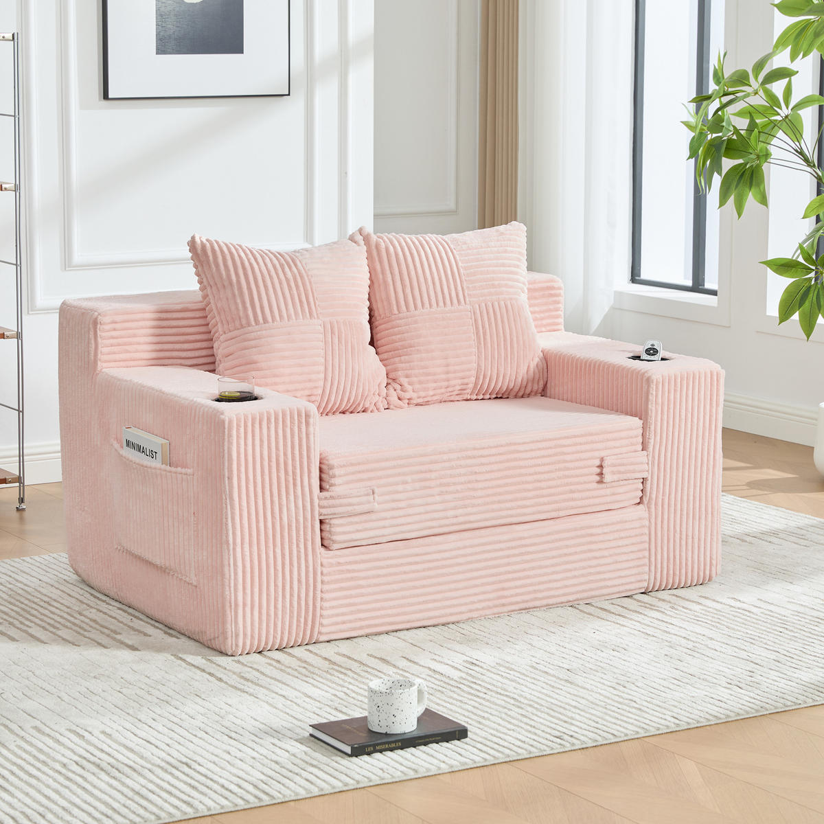 SCHLAFSOFA 2-in-1 mit Hocker, 2 Kissen und Becherhalter, DE-42913, Rosa - Pink, Textil (133/64/87cm) - ComfortXL