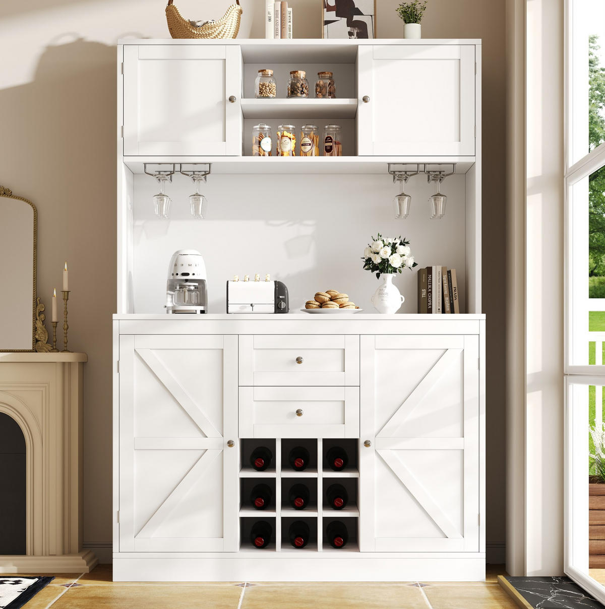BUFFET 120/40/188 cm Weiß aus MDF mit Weinregal - Weiß, Holzwerkstoff (106/179.5/40cm) - OKWISH
