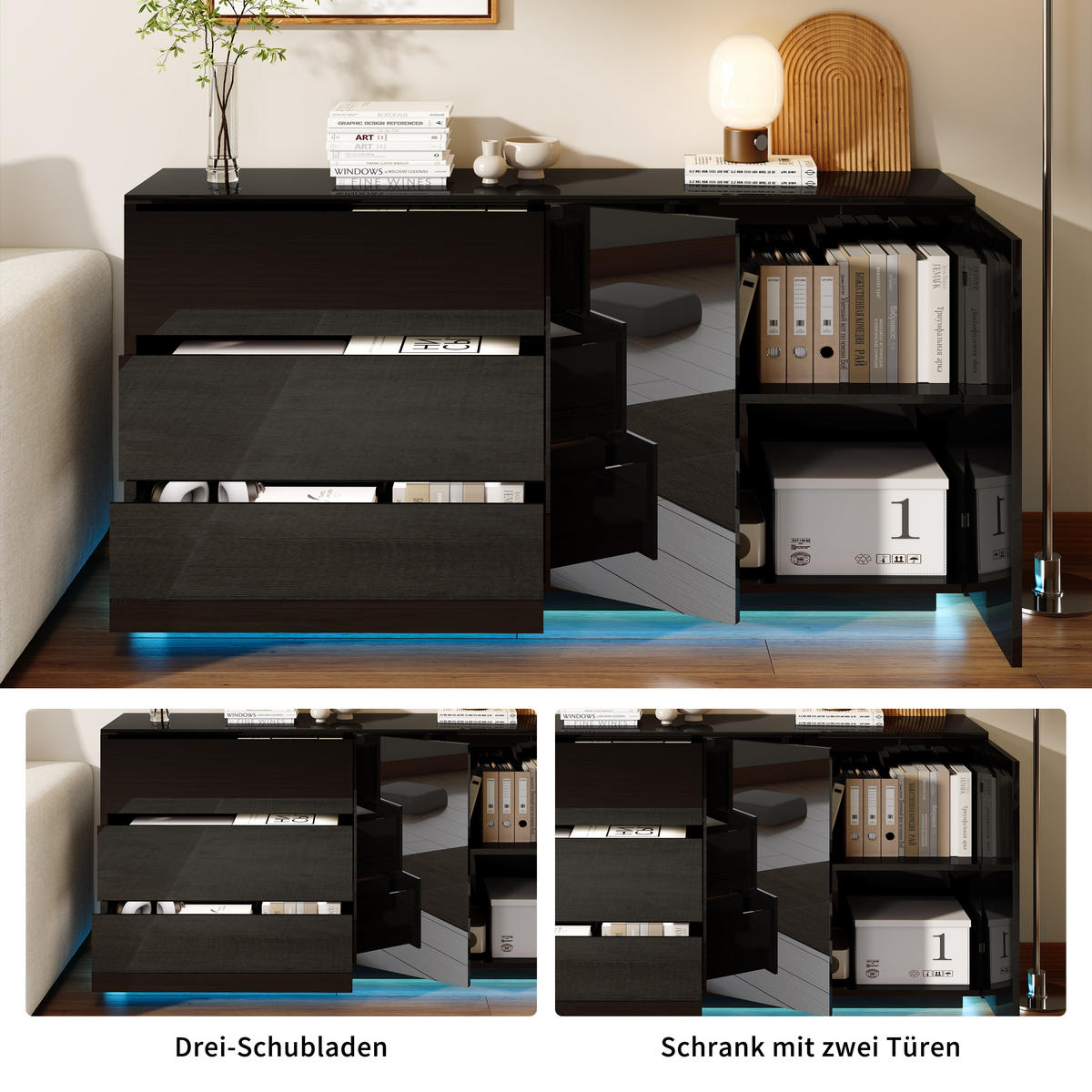 FERNSEH- & STAURAUMSCHRANK mit Hochglanzfront & LED - Schwarz, Holzwerkstoff (35/76/160cm) - SHOPENTRA