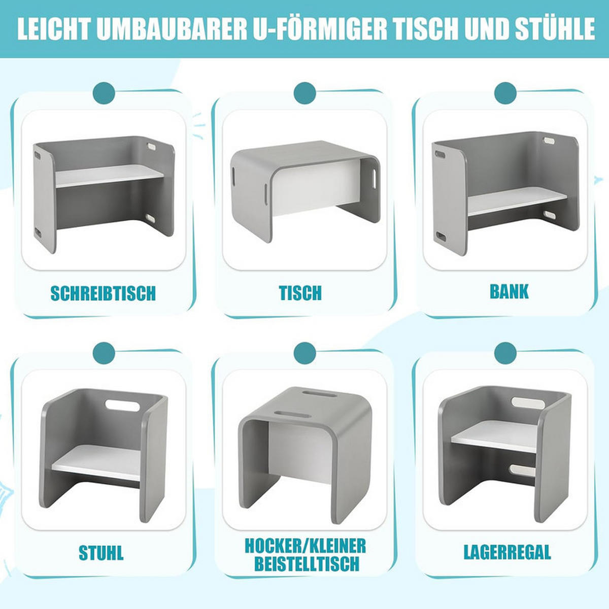 KINDERTISCH‑SET aus Birkenholz grau(3-tlg) - Grau, Holz (66/51/41cm) - COSTWAY