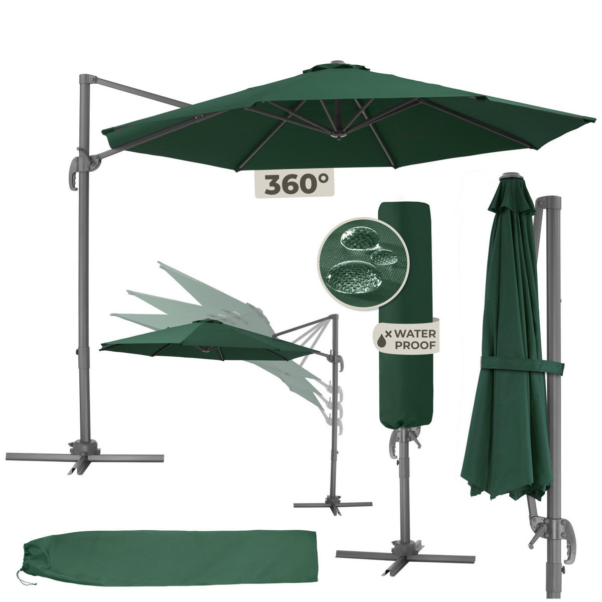 SONNENSCHIRM Daria,UV-Schutz 50+, inklusive Schutzhülle,grün - Grün, Metall (300/372cm) - tectake