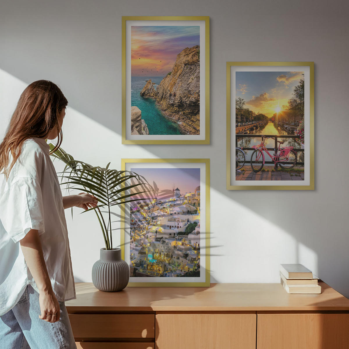 BILDER SET 3er Set - 40x60 cm Goldrahmen - Sonnenuntergang am Meer - Goldfarben, Kunststoff (40/60cm) - TULUP