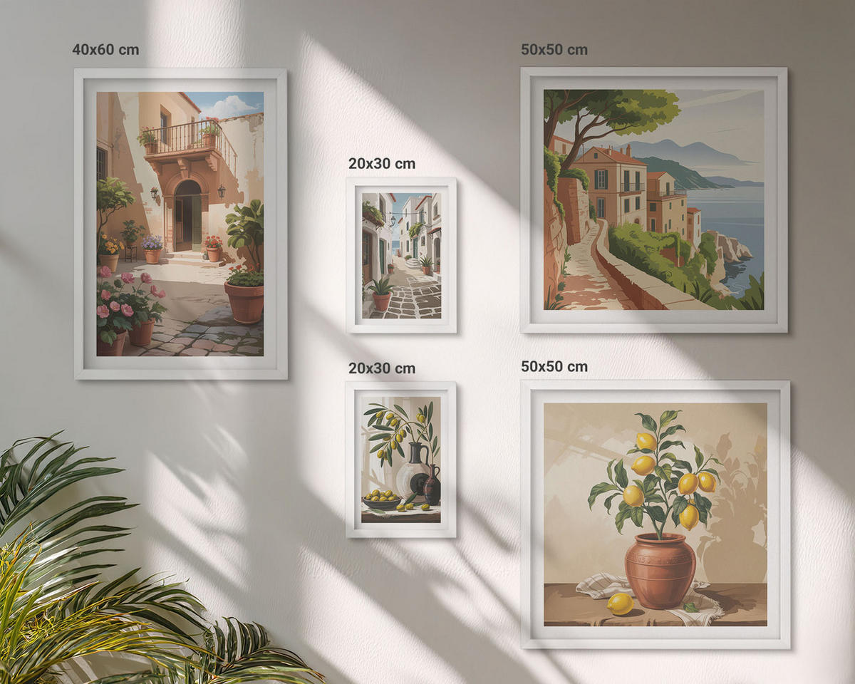 BILDER SET 5er Set - 50x50 cm & 20x30 cm & 40x60 cm Weißer Rahmen - Zitronenblumen im Topf, Straßen - Weiß, Kunststoff (40/60cm) - TULUP