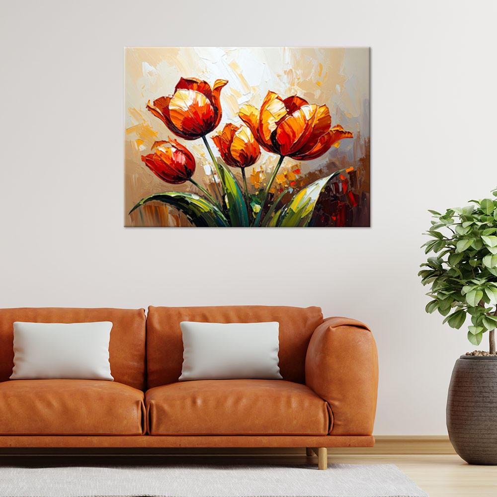 LEINWANDBILD Rote Tulpen auf beigem abstrakten Hintergrund 120x80cm - Rot, Textil (120/80cm) - Feeby