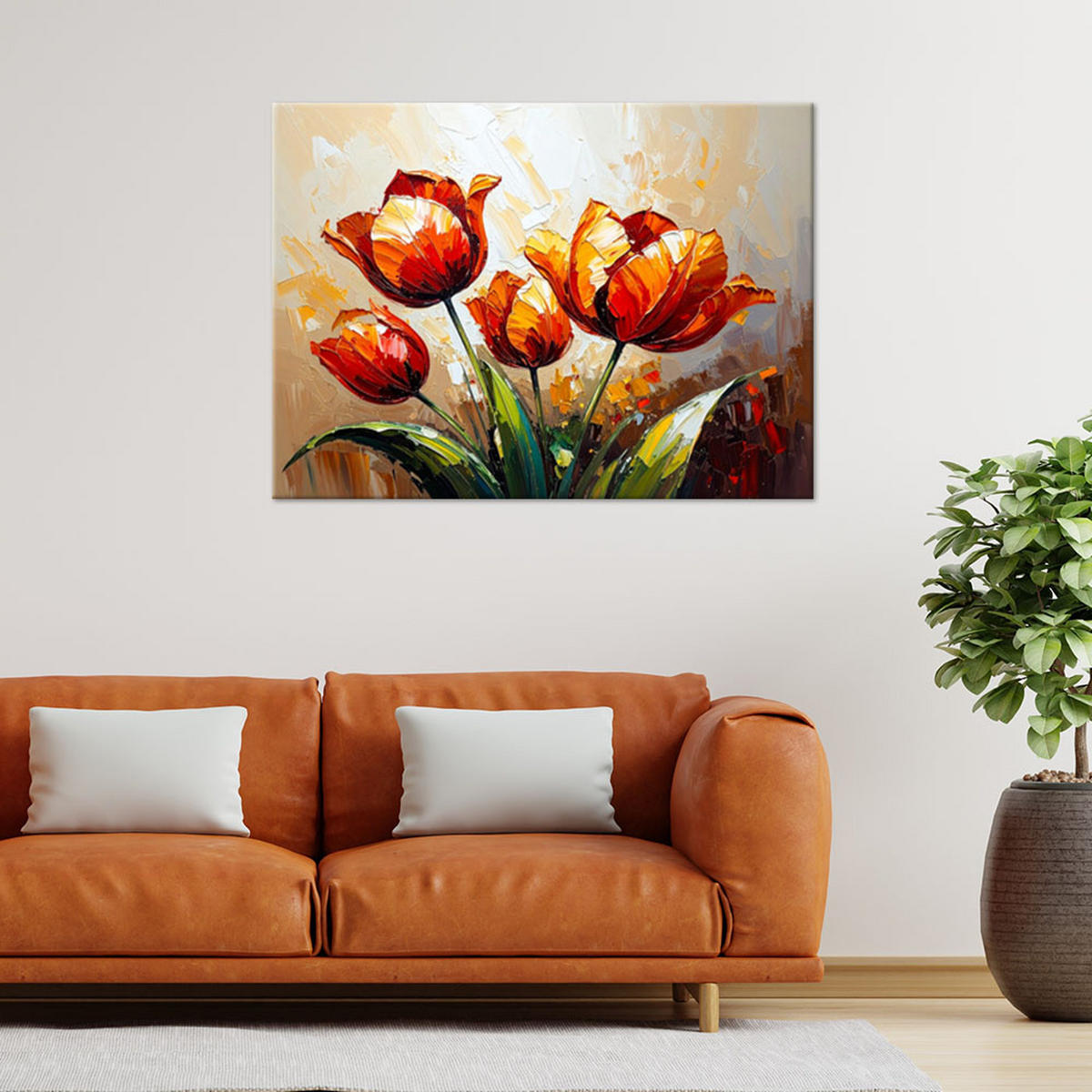 LEINWANDBILD Rote Tulpen auf beigem abstrakten Hintergrund 120x80cm - Rot, Textil (120/80cm) - Feeby