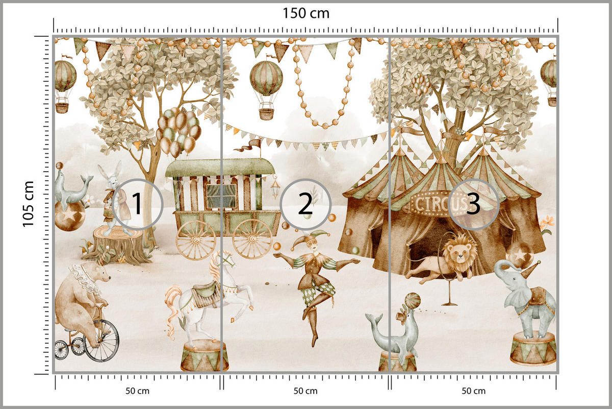 FOTOTAPETE für Kinderzimmer Zirkus Zelt Tiere Ballons Aquarell Bäume 150x105 - Ecru/Beige, Papier (150/105cm) - Muralo