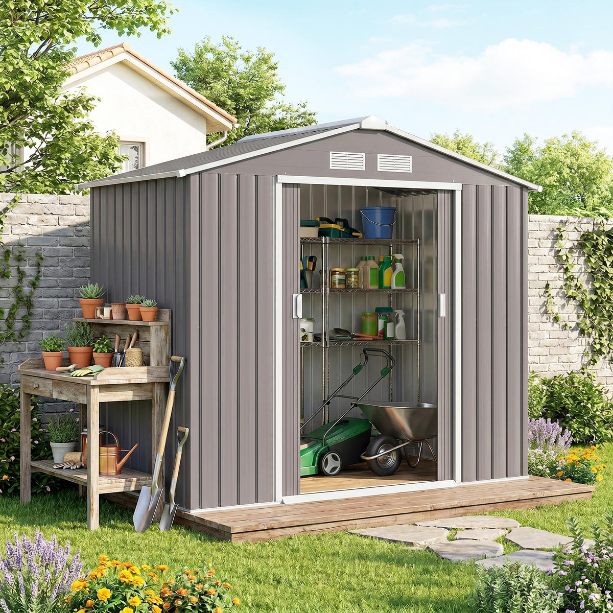 GARTENHAUS Grau 213.0/130.0/185.0cm - Grau, Metall (130/185/213cm)