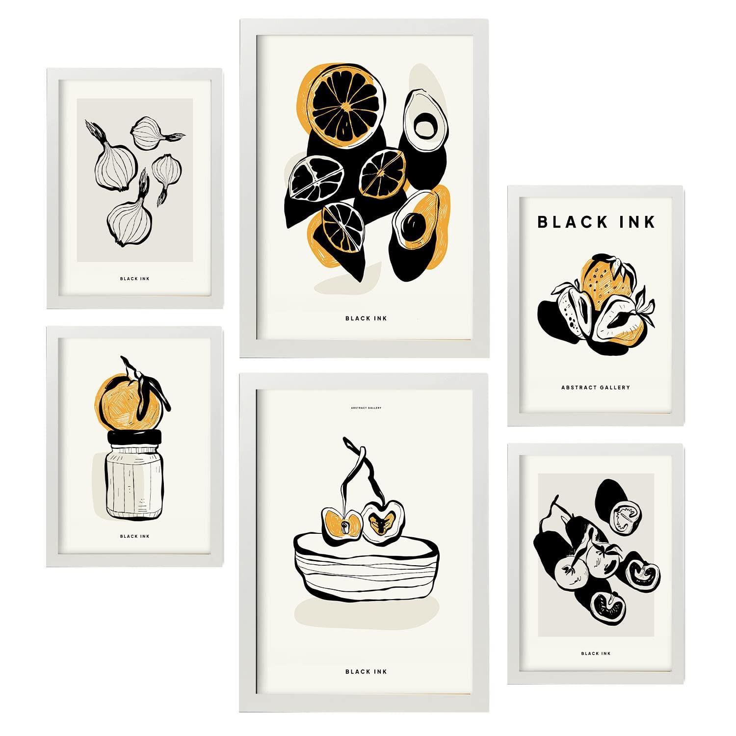 POSTER Set Mit 6 In Schwarzer Tinte Snack Künstlerische Und Abstrakte Drucke Für Innenarchitektur A3 & A4 Weißer Rahmen - Weiß, Papier (29/3cm) - Nacnic