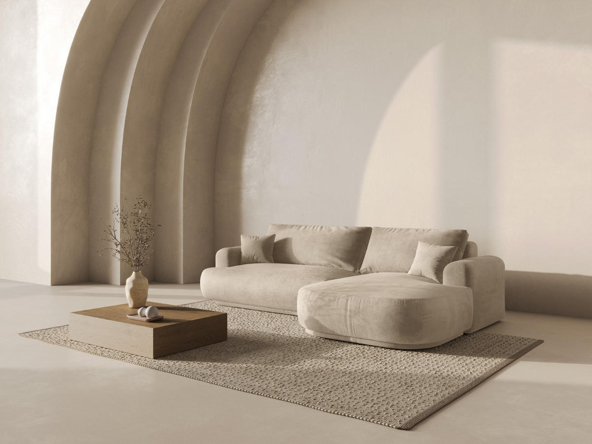 SCHLAFSOFA modular mit Bettkasten rechts Ella aus Samt leichtes beige 5 Sitzplätze - Creme, Textil (174/271cm) - Micadoni