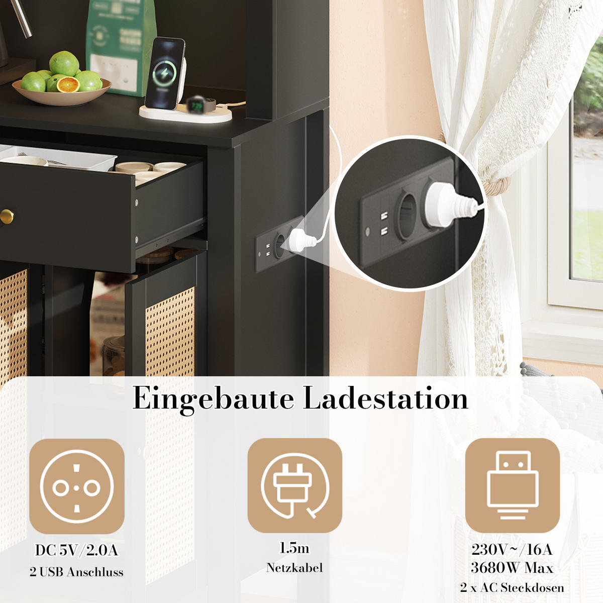 KÜCHENSCHRANK Schwarz Vorratsschrank mit RGB-LED Steckdosen 5 Rattan-Türen 180cm - Schwarz, Holzwerkstoff (100/180/40cm) - Urban Meuble