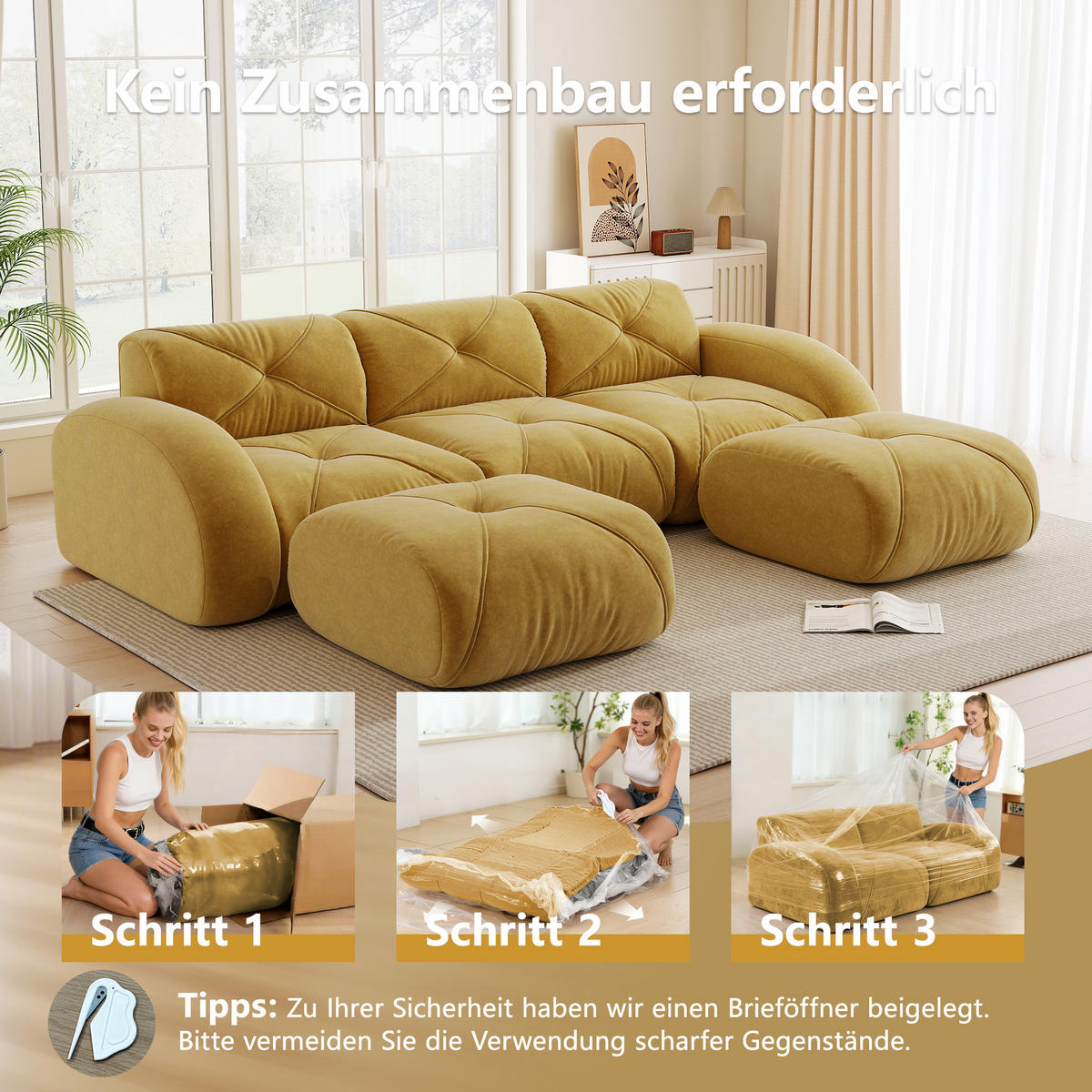 WOHNLANDSCHAFT Chenille Gelb mit 2 Hocker - Gelb, Textil (281/76/171cm) - WISHDOR