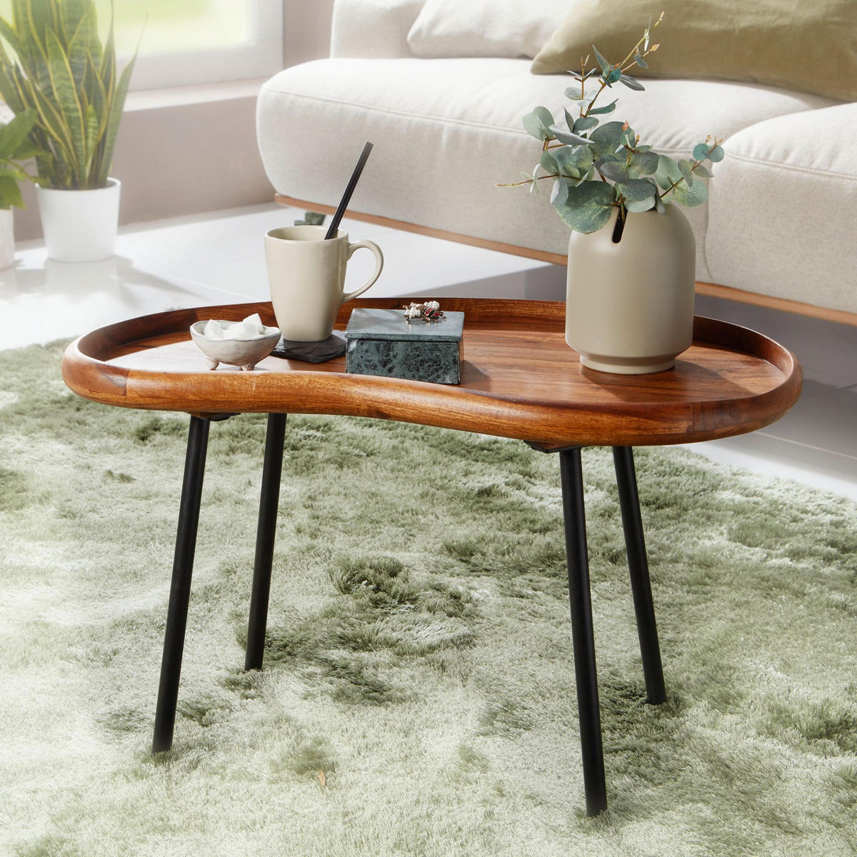 COUCHTISCH Massivholz mit Metallbeinen, Nierenform, Handgefertigt, Braun 71x40x42 cm - Schwarz/Braun, Holz/Metall (40/71/42cm) - KADIMA DESIGN