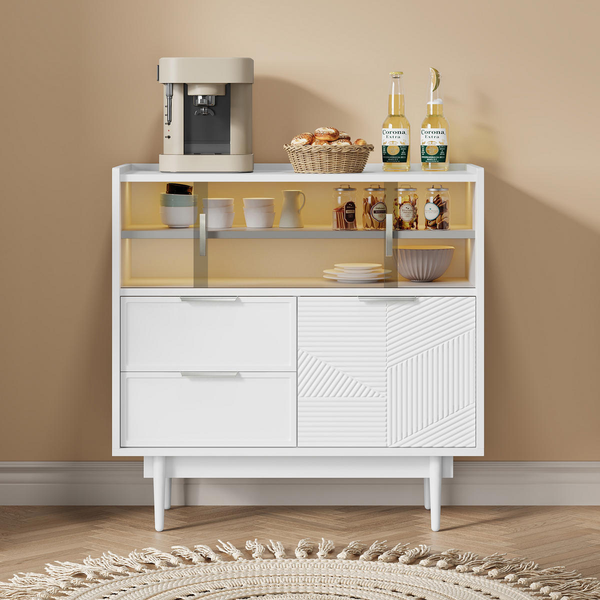 SIDEBOARD in Weiß Aufbewahrungsschrank , mit LED-Lichtleiste Glastür Stauraum Badmöbel B80/T35/H80cm - Transparent/Weiß, Glas/Holzwerkstoff (80/80/35cm) - STILVORA