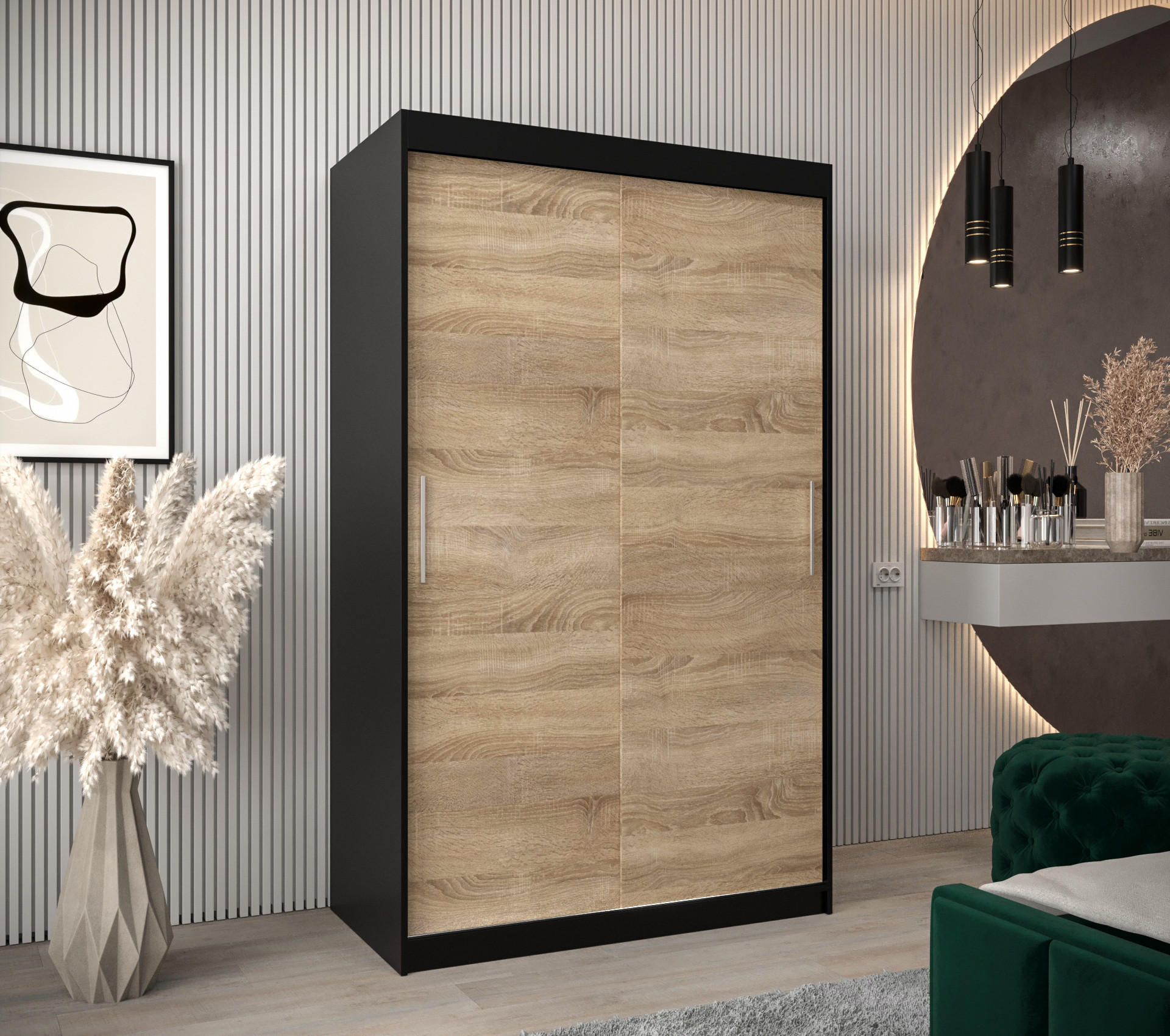 SCHWEBETÜRENSCHRANK 200/120/62 2-türig - Silberfarben/Schwarz, Holz/Kunststoff (120/200/62cm) - Abiks Möbel