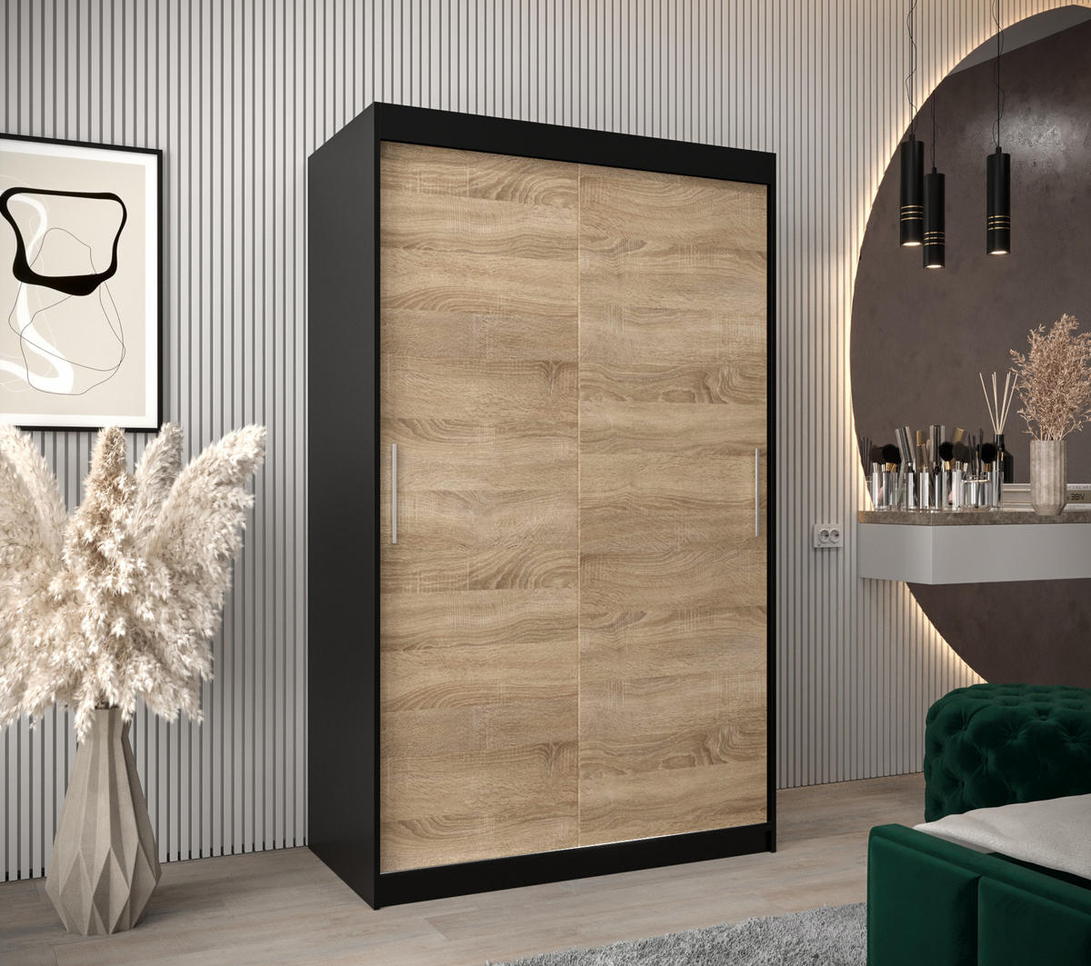 SCHWEBETÜRENSCHRANK 200/120/62 2-türig - Silberfarben/Schwarz, Holz/Kunststoff (120/200/62cm) - Abiks Möbel