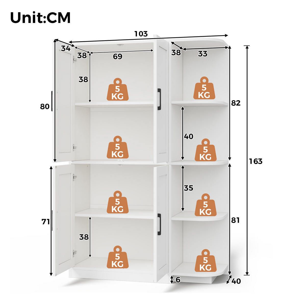 MEHRZWECKSCHRANK DE-38697 103/40/163 cm 4 Türen und 4 offene Fächer Weiß - Weiß, Holzwerkstoff (103/163/40cm) - ComfortXL