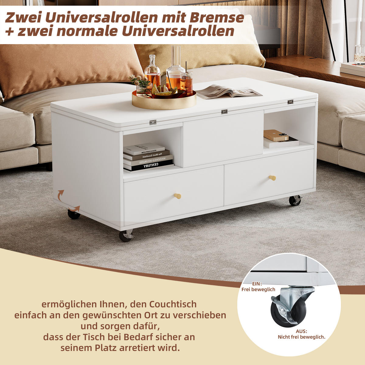COUCHTISCH höhenverstellbar 100cm Klappfunktion 4 Schubladen Weiß - Weiß, Holzwerkstoff (100/50/47.5cm) - FLIEKS