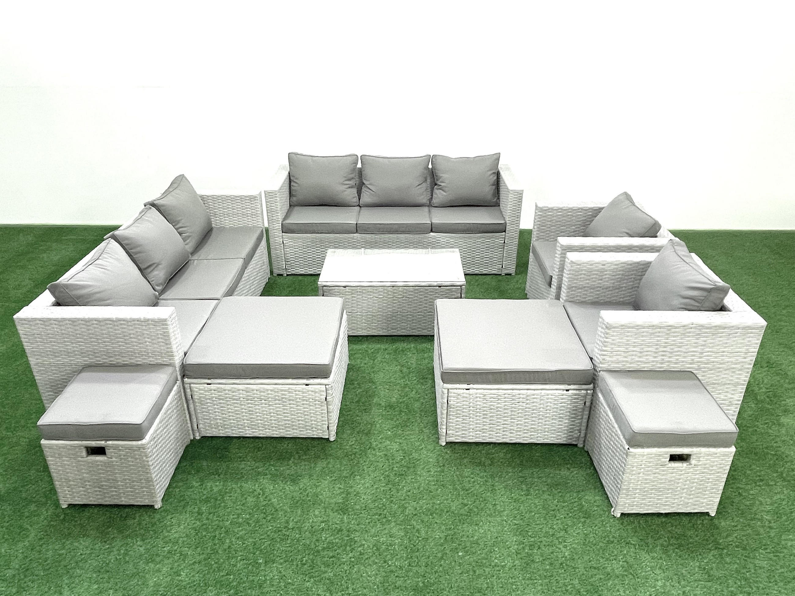 GARTENSET mit 3-SITZER SOFA,COUCHTISCH Polyrattan Hellgrau-Mix 12-Sitzer - Hellgrau/Grau, Glas/Kunststoff - Fimous