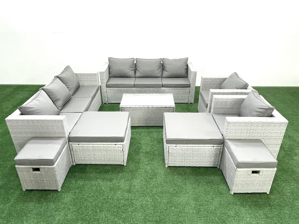 GARTENSET mit 3-SITZER SOFA,COUCHTISCH Polyrattan Hellgrau-Mix 12-Sitzer - Hellgrau/Grau, Glas/Kunststoff - Fimous