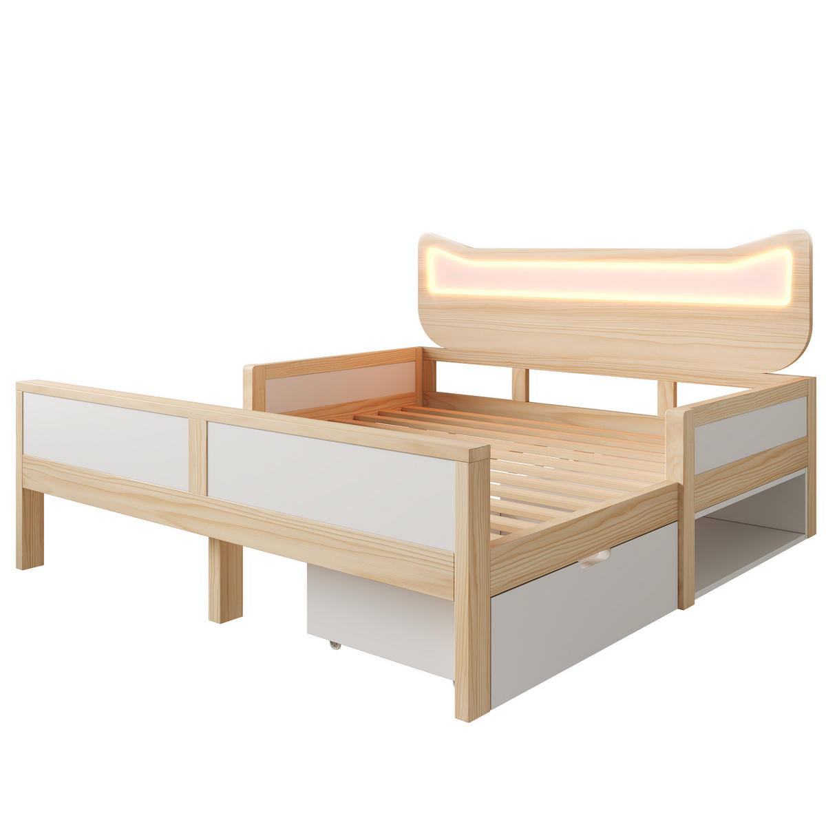 KINDERBETT 140/200 cm mit RGB-LED, Katzenkopfteil, Schublade, Staufach und Schutzgitter, Weiß/Eiche - Weiß, Holzwerkstoff (140/200cm) - Redom