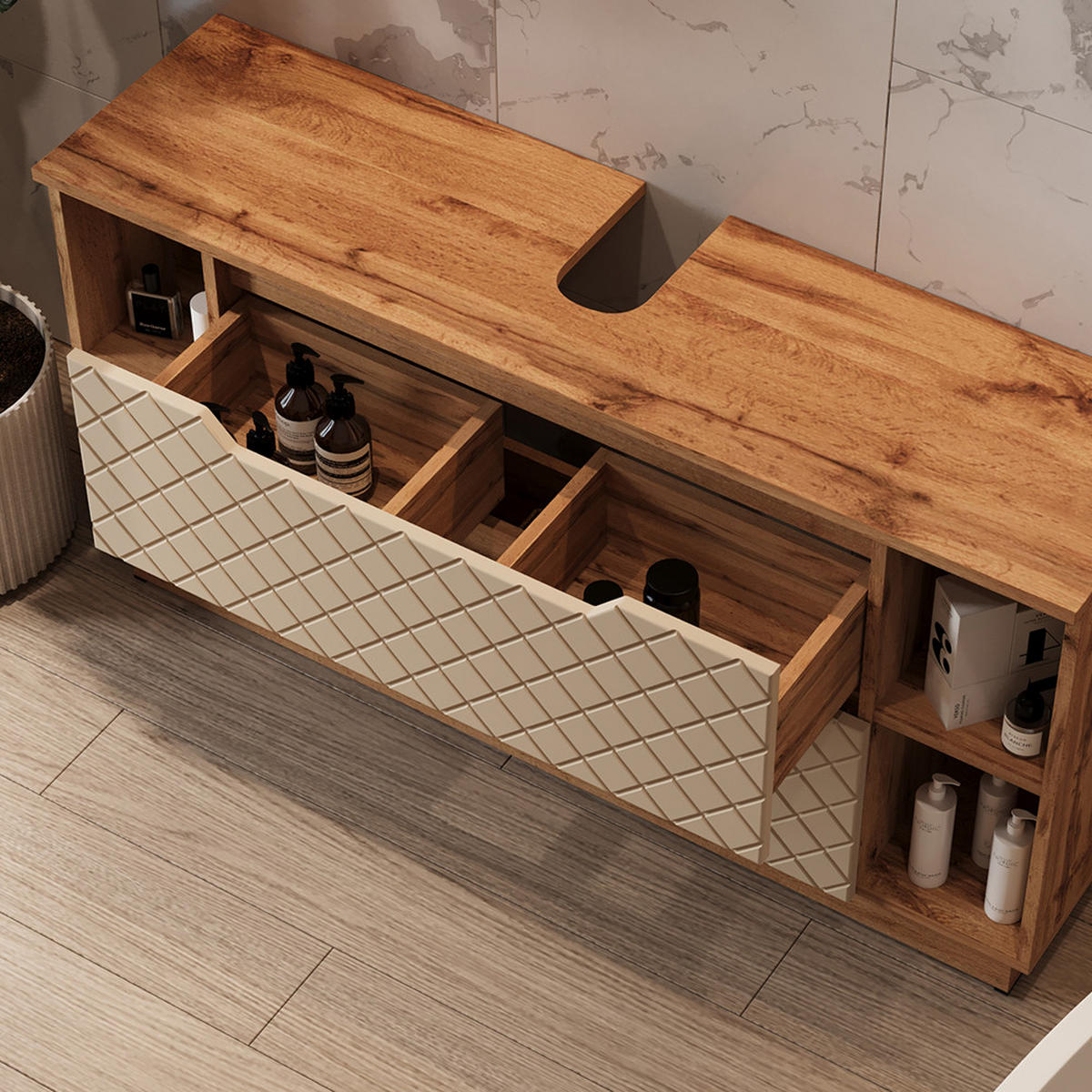 WASCHBECKENUNTERSCHRANK Lotta Eiche/Kaschmir mit Kachelstruktur 119.2 x 62.5 cm mit 2 Schubladen - Kaschmir/Eichefarben, Holzwerkstoff (119.2/62.5/35cm) - Vicco