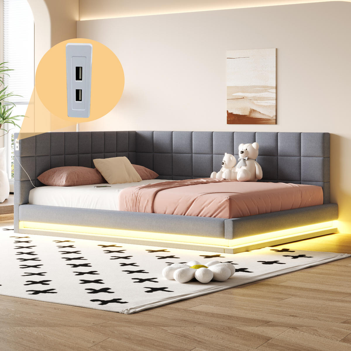 SCHLAFSOFA 160/200 cm in Grau Leinen mit LED und USB - Grau, Holzwerkstoff/Textil (160/200cm) - WISHDOR