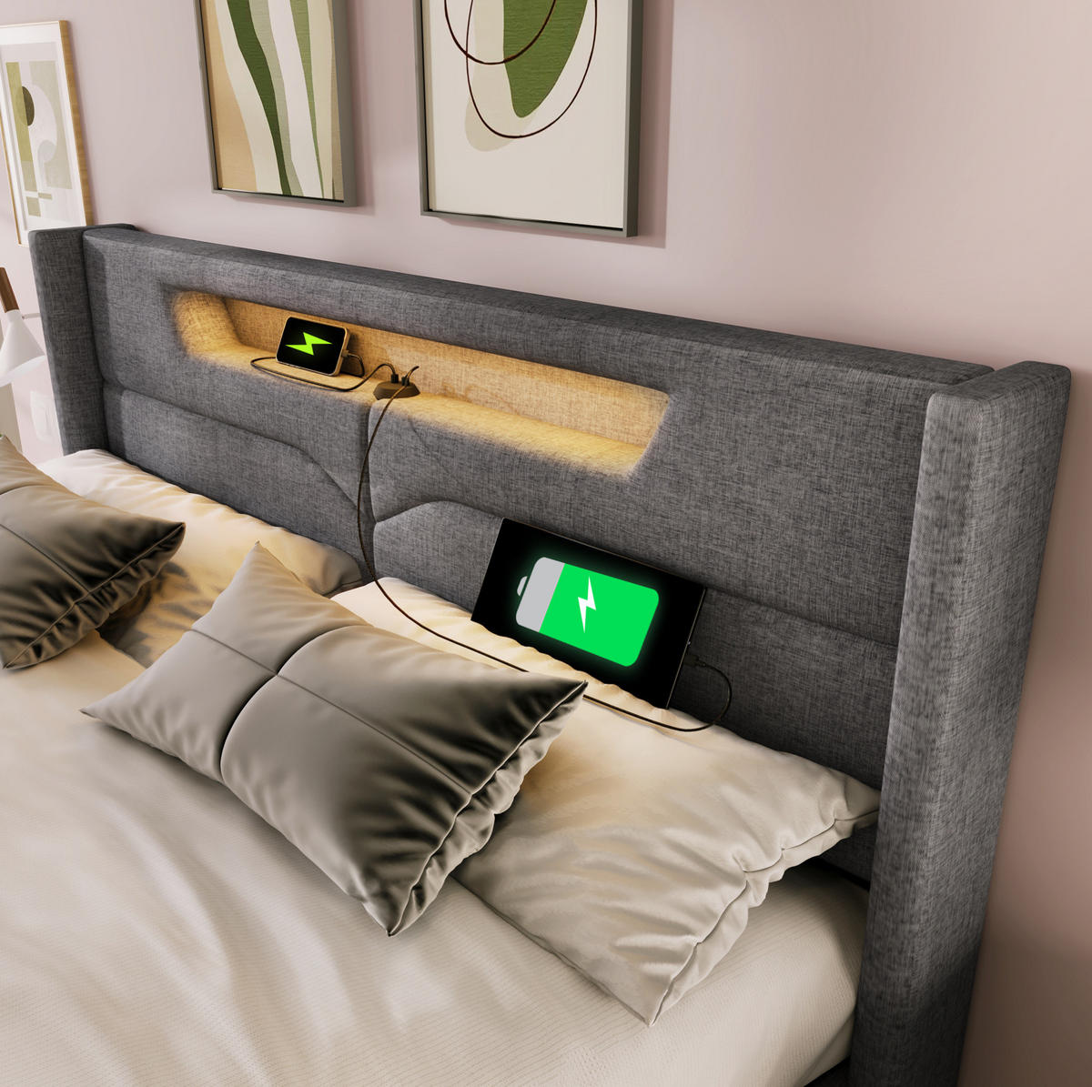 POLSTERBETT 160/200 cm Grau aus Leinen mit LED-Beleuchtung und Stauraum - Grau, Textil (160/200cm) - OKMYHOME