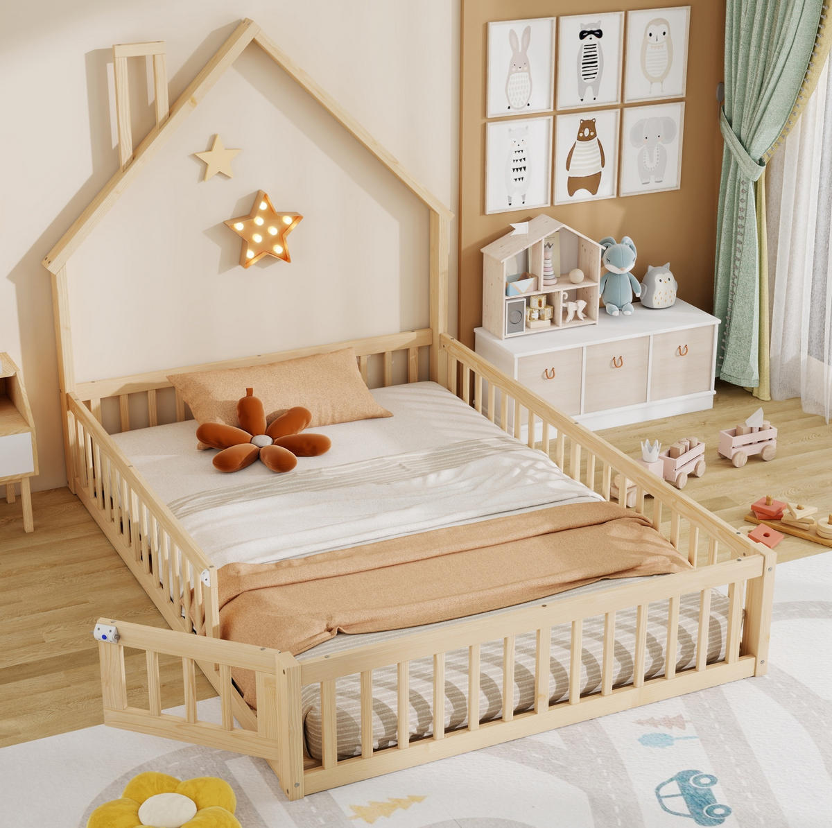 POSTELJA v obliki hiše 140/200 cm naravna z varnostno ograjo in letvenim dnom iz bora in MDF - naravne barve, leseni material (140/200cm) - OKWISH