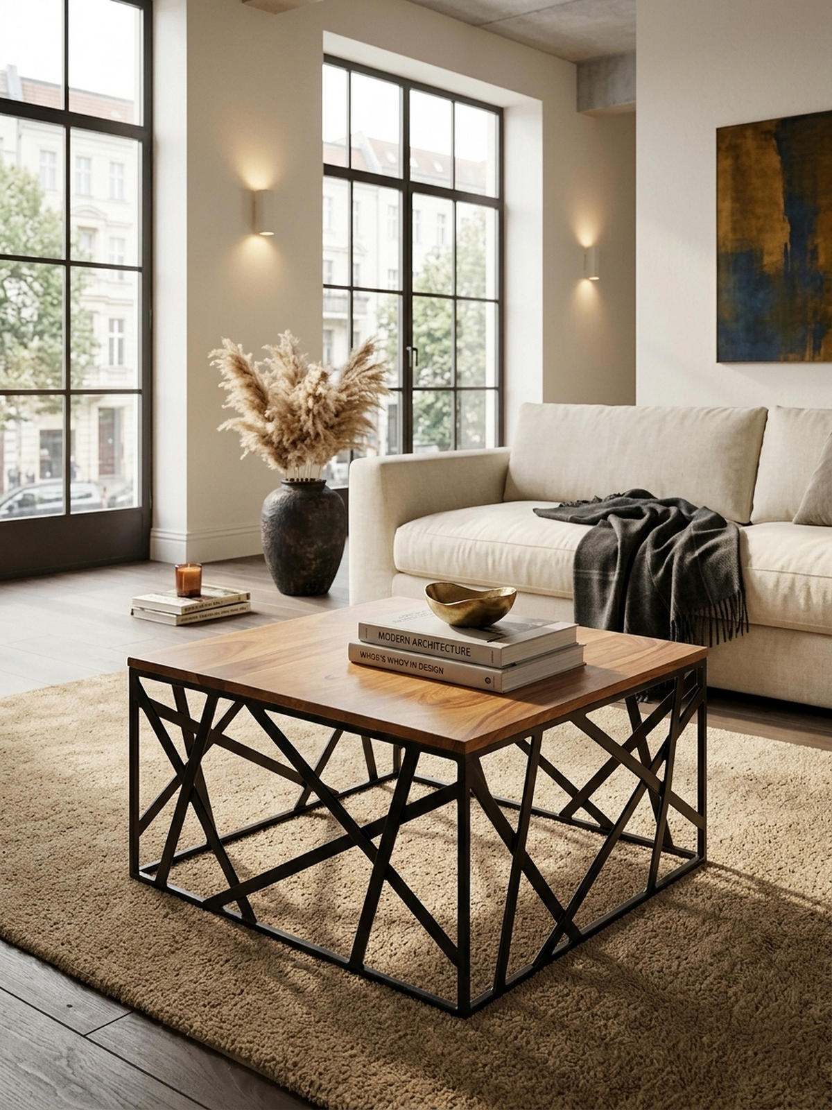 COUCHTISCH Industrial Stil, Sheesham Holz, Schwarzes Metallgestell, 60x60 cm - Schwarz/Braun, Holz/Metall (60/60/35cm) - KADIMA DESIGN