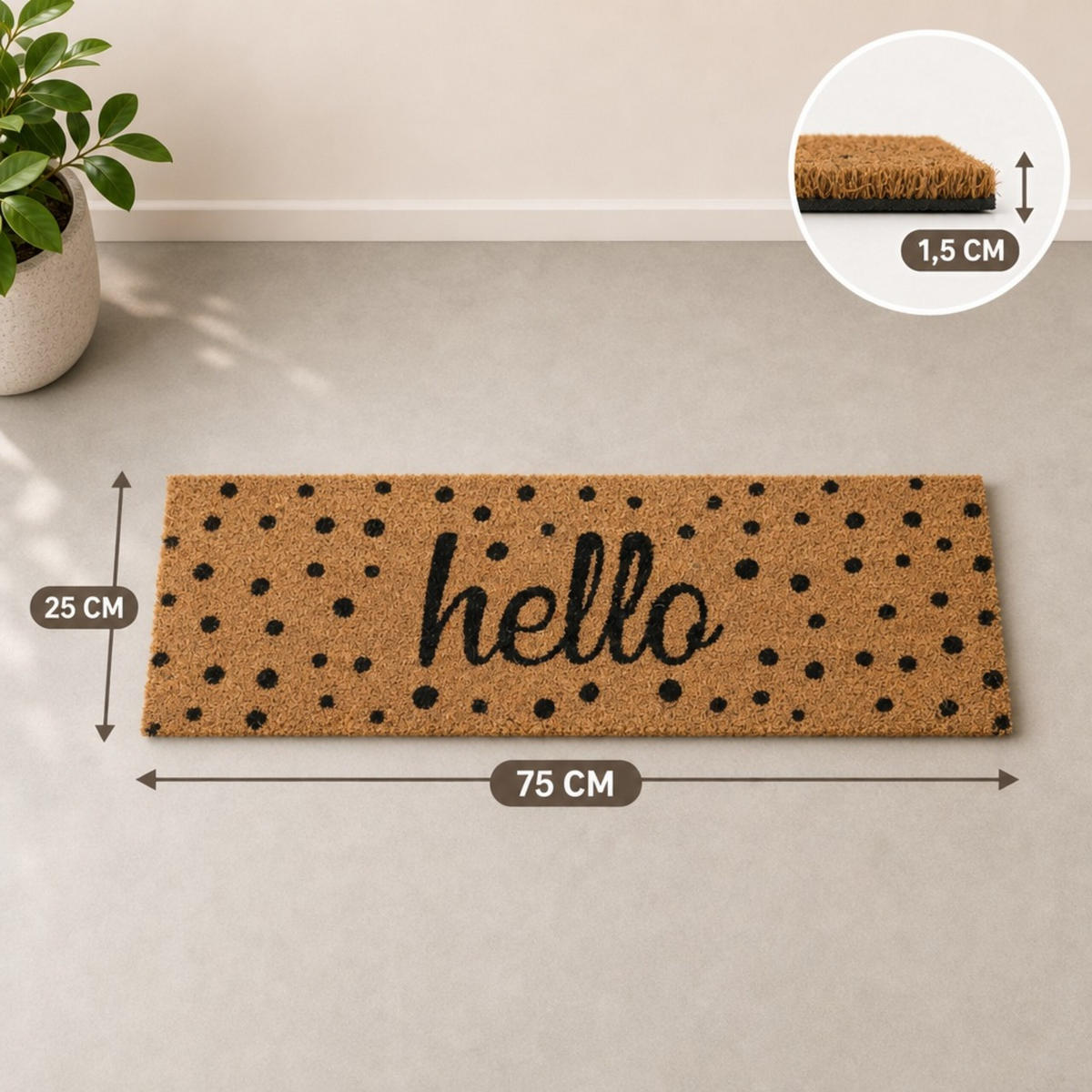 FUSSMATTE Natur Schwarz Hello 75x25 cm - Hellbraun, Kunststoff/Textil (75/25cm) - Relaxdays
