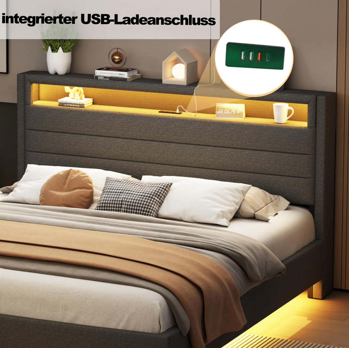 POLSTERBETT mit USB und LED 160x200 cm Leinen Grau - Grau, Metall (160/200cm) - Meubliv