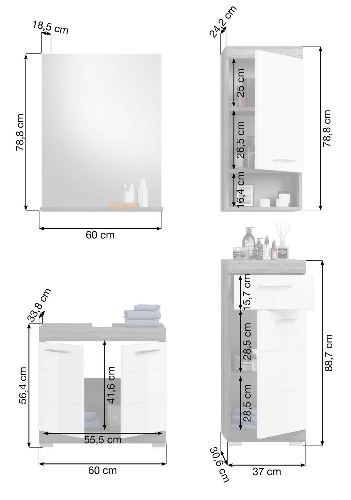 BADMÖBEL-SET weiß Hochglanz, grau 4-teilig 112 cm, Komplettset mit 7 Fächern - Weiß Hochglanz/Grau, Holzwerkstoff (112/191/34cm) - Inn.Furn