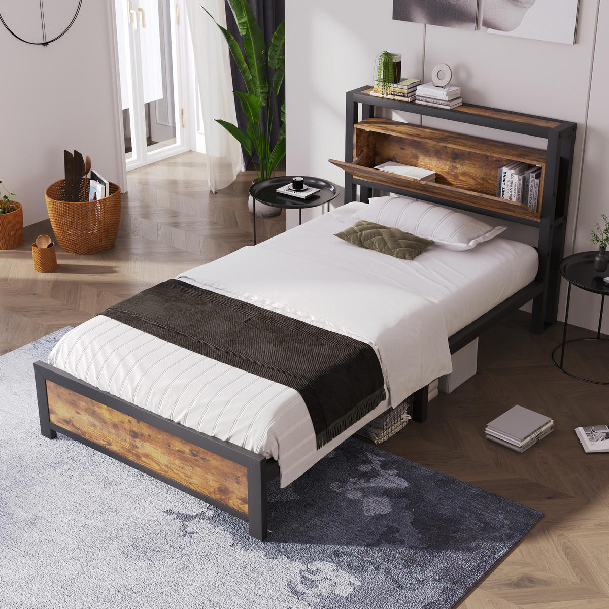 BETT 90/200 cm mit Stauraum-Kopfteil und Holzmaserung - Naturfarben, Metall (90/200cm) - OKWISH