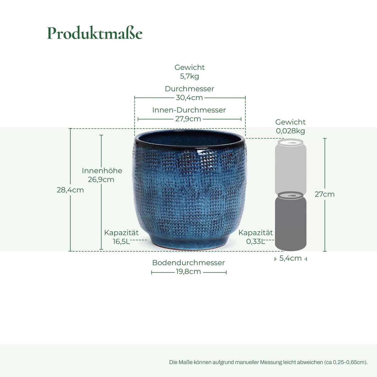 KERAMIK Blumentopf Groß, Round Übertöpfe Blau Ø30xH28 cm - Blau, Keramik (28cm) - Hometopia