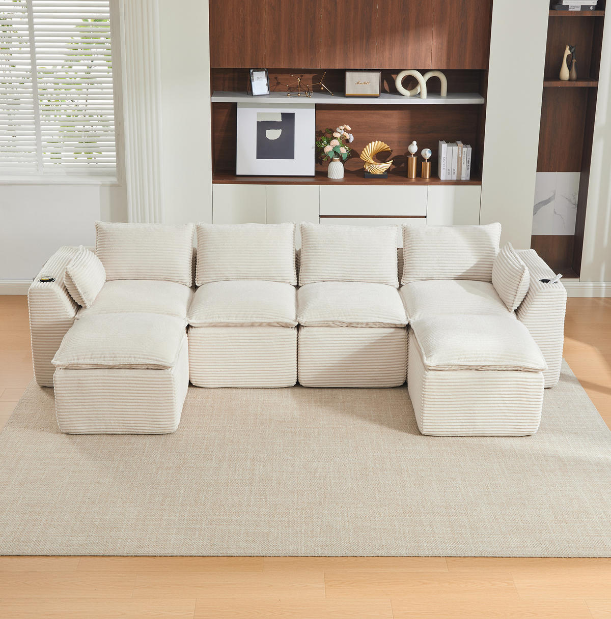 SOFA modular 322 x 161 cm Cord Beige 4-Sitzer mit 2 Fußhockern - Beige, Kunststoff (161/75/256cm) - Meubliv