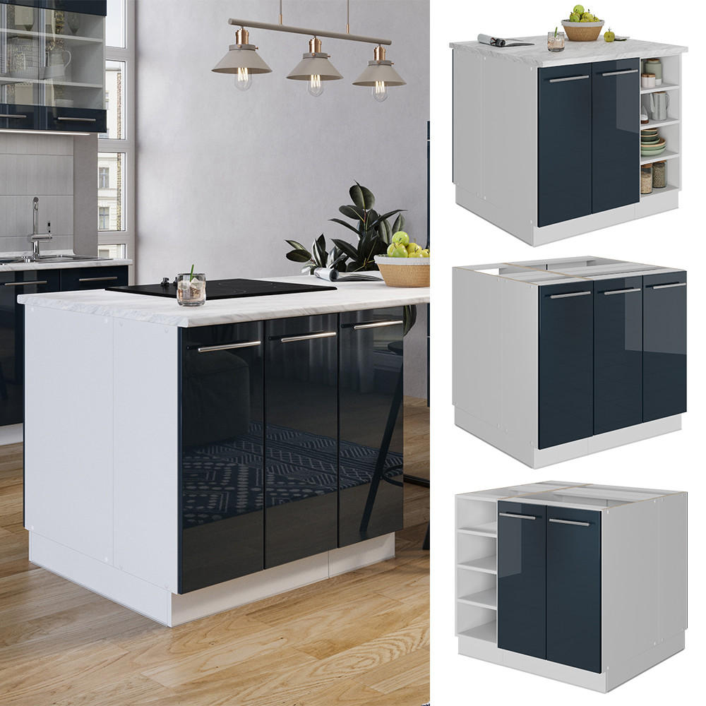 KÜCHENINSEL Fame-Line Dunkelblau Hochglanz 90 cm ohne AP - Dunkelblau/Weiß, Holzwerkstoff (90/82/60cm) - Vicco