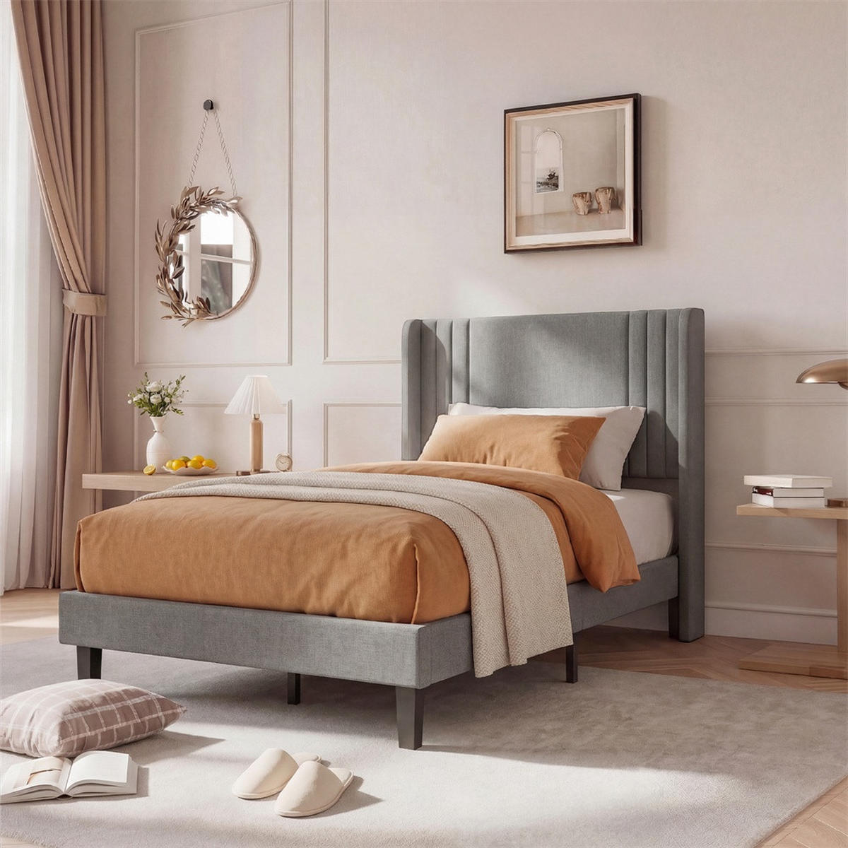 POLSTERBETT 90 x 200 cm aus Leinen mit gepolstertem Kopfteil - tabile Bettbeine ohne Matratze - Grau - Grau, Textil (90/200cm) - DELFA