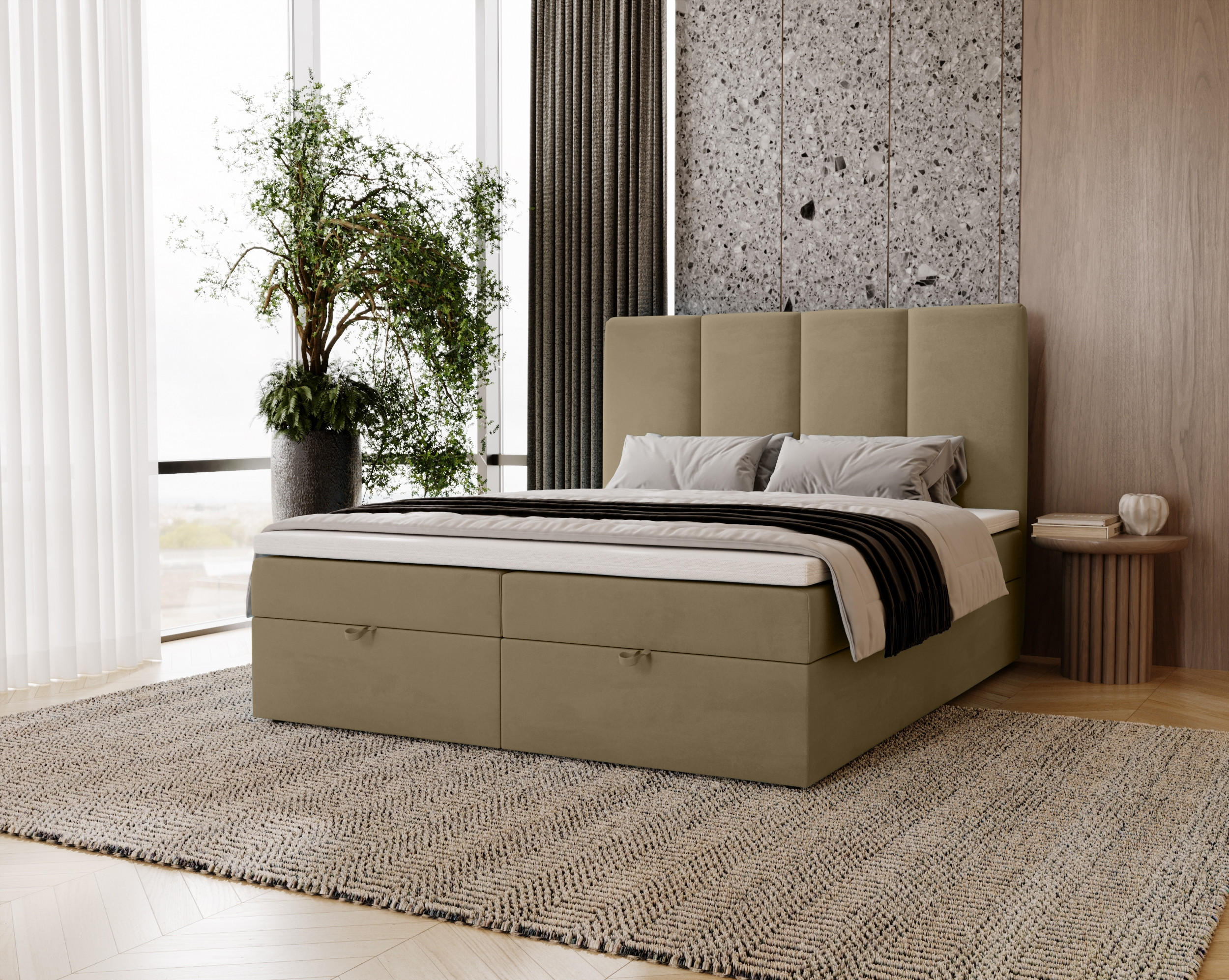 BOXBETT Malmo mit 2 Bettkästen, 120x200, Braun, Velourstoff, Doppelbett mit Bonell-Matratze - Braun, Holz/Kunststoff (120/200cm) - Marpur