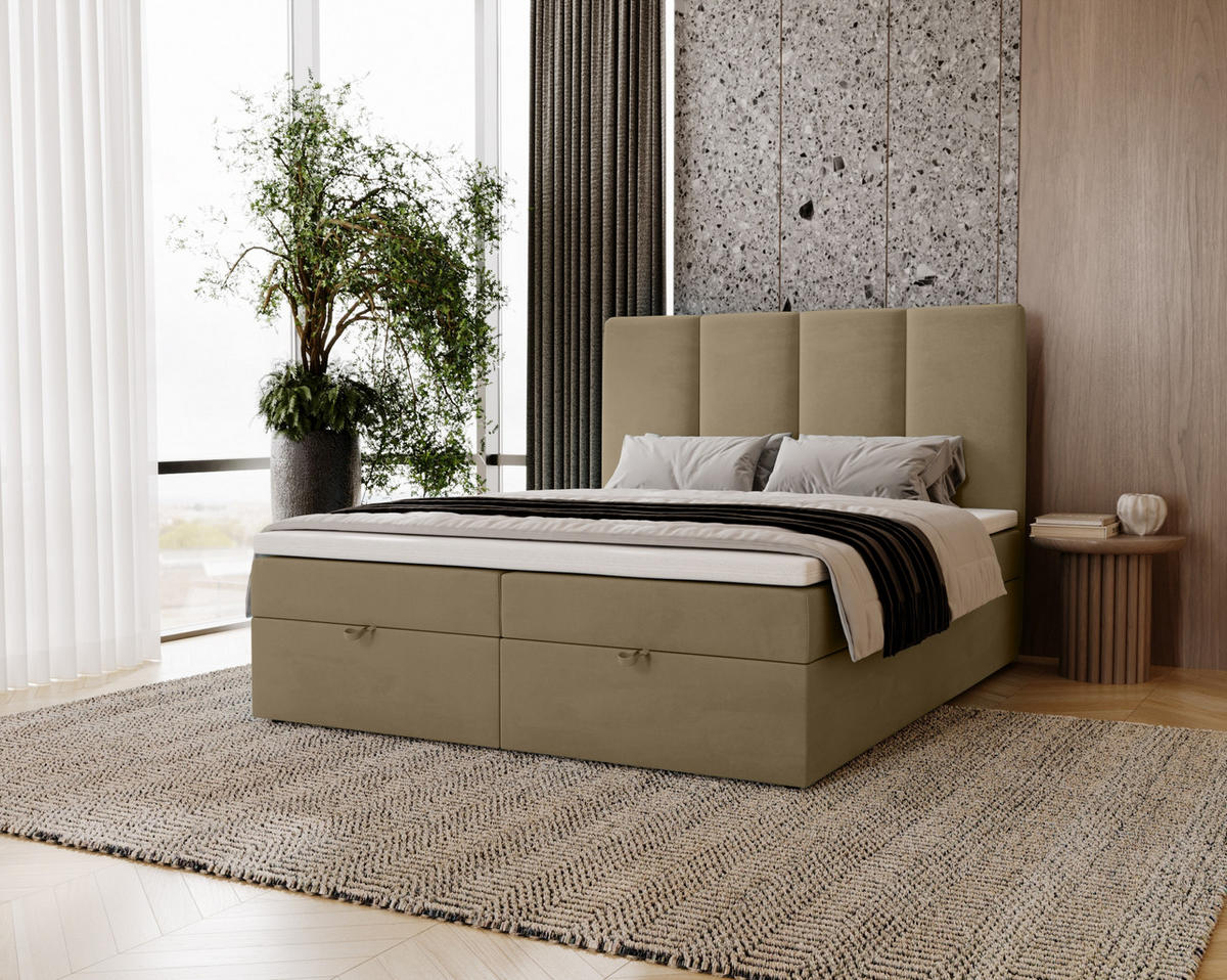 BOXBETT Malmo mit 2 Bettkästen, 200x200, Braun, Velourstoff, Doppelbett mit Bonell-Matratze - Braun, Holz/Kunststoff (200/200cm) - Marpur