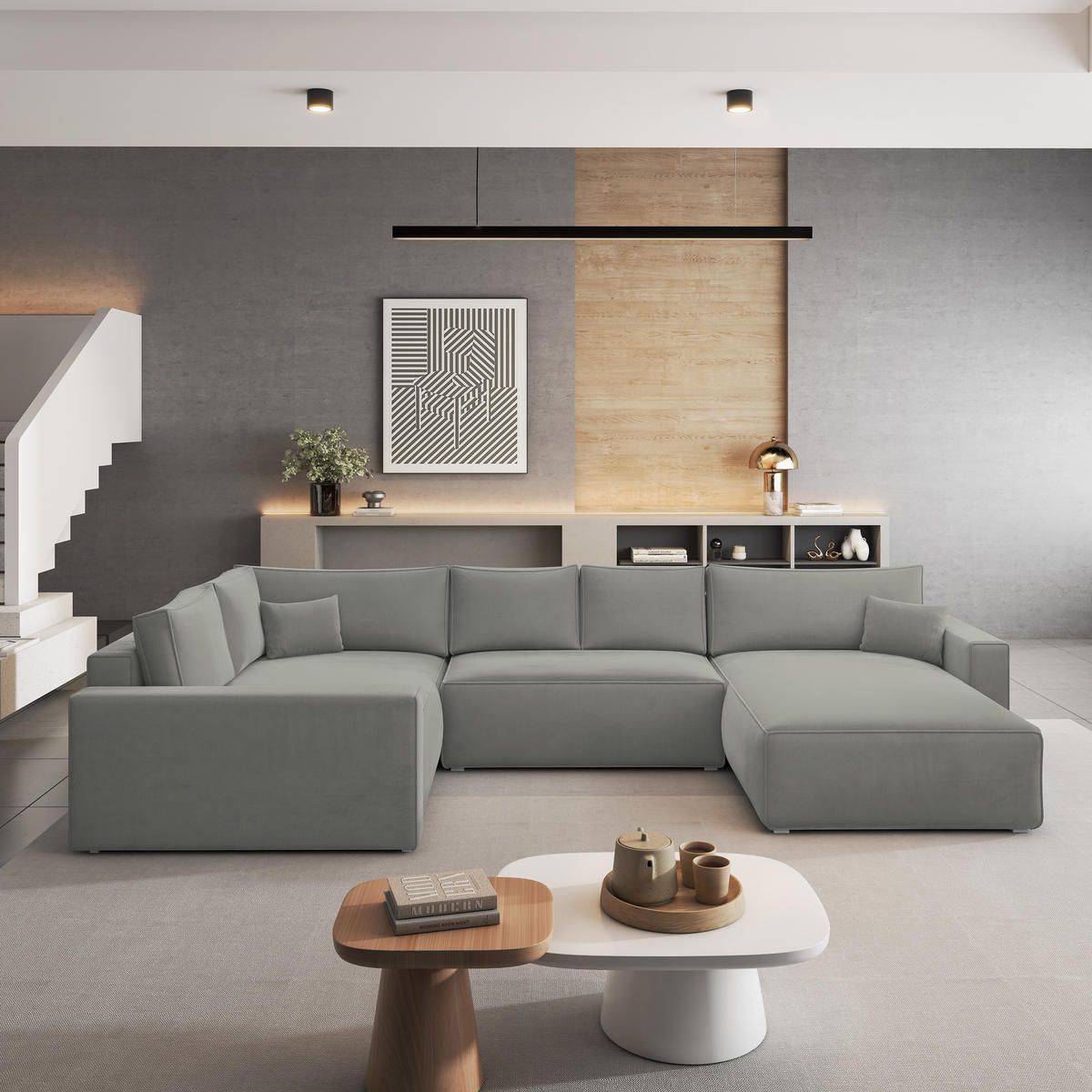 ROHOVÁ SEDAČKA VELAMI světle šedá - šedá/světle šedá, dřevo/textil (365/194cm) - MASSENO