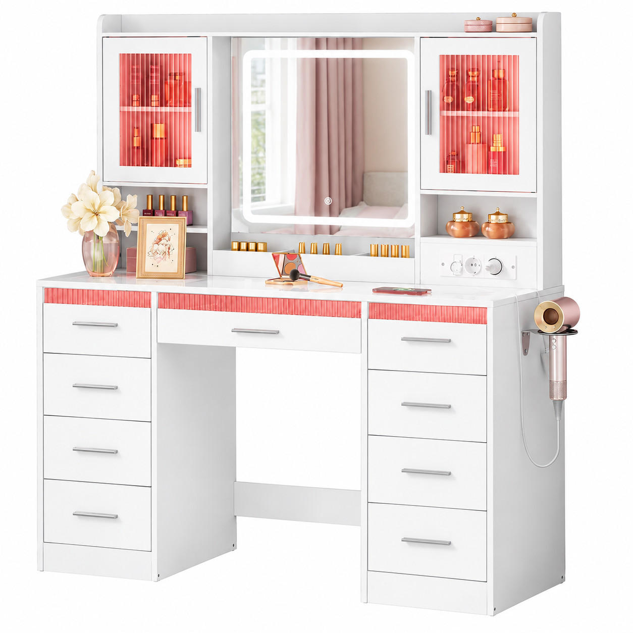 SCHMINKTISCH mit RGB-LED und Steckdose, 9 Schubladen - Weiß, Glas/Holzwerkstoff (107/140/40cm) - Woltu