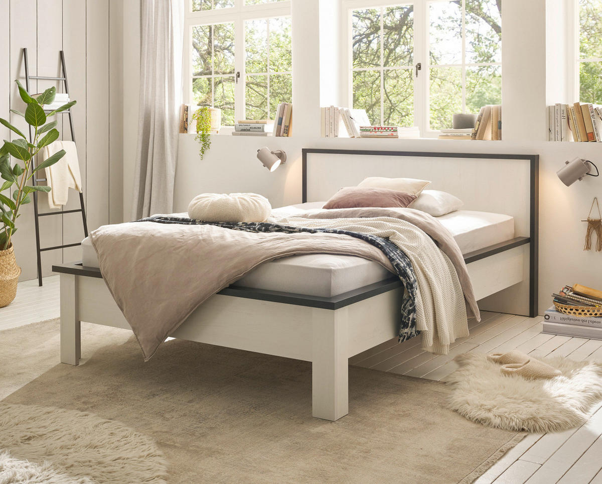 BETT weiß Pinie, anthrazit Landhaus, Einzelbett Liegefläche 140 x 200 cm - Anthrazit/Weiß, Holzwerkstoff (140/200cm) - Furn.Design